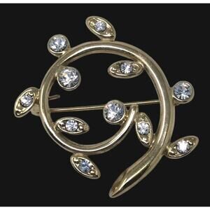 AK Anne Klein Jewelry Brooch Pin Bezel Set Rhinestones Gold Tone Round Circle 1"